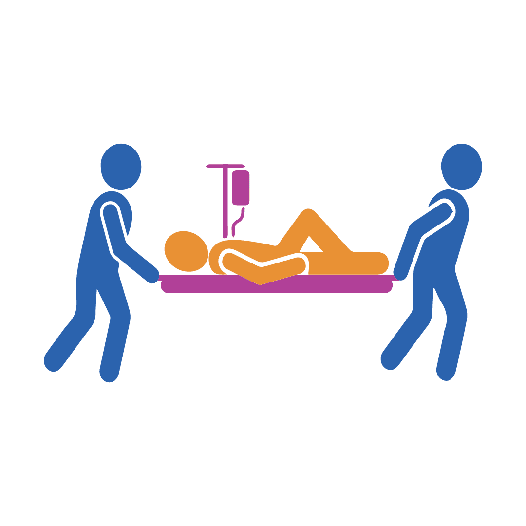 Two people carrying a person on a stretcher.