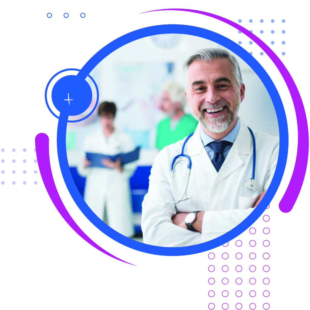 Smiling doctor with medical team in the background.